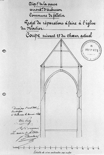 Projet de réparations à faire à l'église du Moutier dressé par Elie Pauly, le 20 mai 1866. Coupe du choeur actuel ; échelle 1:100.