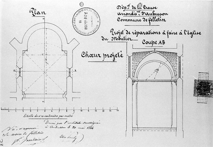 Projet de réparations à faire à l'église du Moutier dressé par Elie Pauly, le 20 mai 1866. Choeur projeté : plan, et coupe transversale ; échelle 1:100.