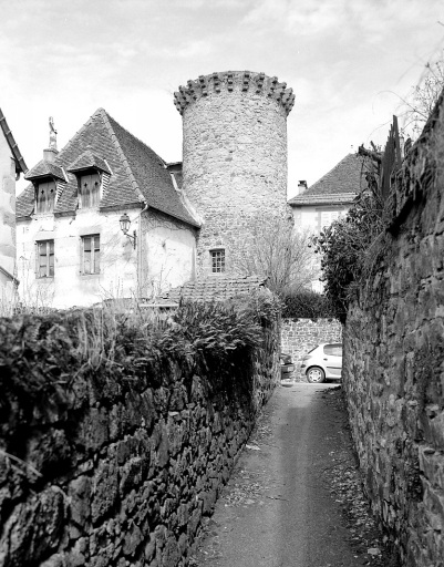 Vue, depuis le sud, prise d'une charrière et montrant la seule tour de fortification encore en place et aujourd'hui incluse dans une propriété privée.