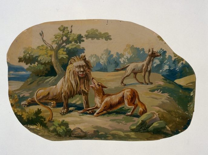 Peinture (carton de tapisserie) représentant une scène animalière (lion et deux chiens ou loups) et conservée dans la partie de l'étage des combles aménagée en atelier de peintres cartonniers.