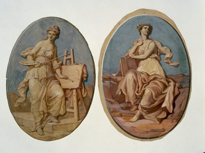 Deux peintures (cartons de tapisserie) représentant deux allégories féminines (la Peinture et la Science ?) et conservée dans la partie de l'étage des combles aménagée en atelier de peintres cartonniers.
