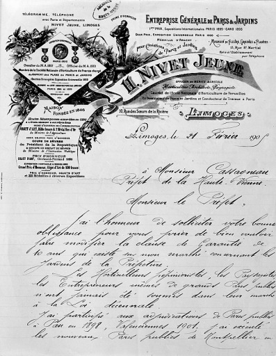 Lettre avec en-tête du paysagiste Henri Nivet adressée au préfet pour une demande de modification de la clause de garantie des plantations du jardin. 21 février 1905.