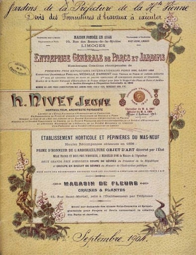 Devis des fournitures et travaux à exécuter pour la réalisation du jardin par le paysagiste Henri Nivet Jeune, septembre 1904. Vue de la couverture publicitaire du fascicule.