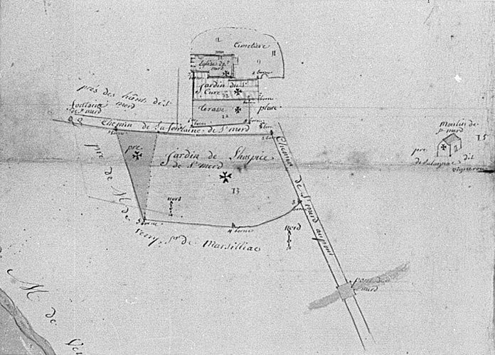 Détail des plans des maisons, églises, biens fonds et héritages dépendant en propre de la commanderie de Bellechassaigne : plan de situation de l'église de Saint-Merd-les-Oussines.