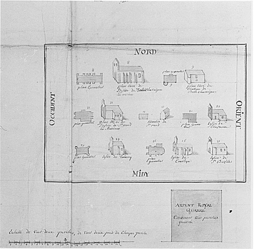 Détail des plans des maisons, églises, biens fonds et héritages dépendant en propre de la commanderie de Bellechassaigne : plan et vue cavalière de l'église de Saint-Merd-les-Oussines (les deux premiers croquis de la ligne médiane).