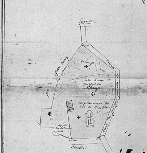 Détail des plans des maisons, églises, biens fonds et héritages dépendant en propre de la commanderie de Bellechassaigne : plan de situation de l'église de Courteix.