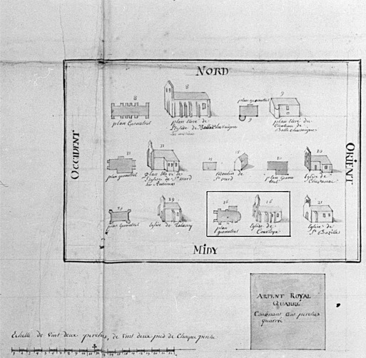 Détail des plans des maisons, églises, biens fonds et héritages dépendant en propre de la commanderie de Bellechassaigne : plan et vue cavalière de l'église de Courteix (les deux croquis encadrés de la ligne inférieure).