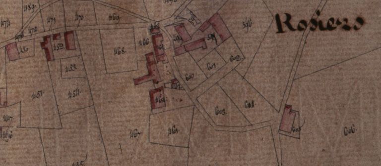 Extrait du plan cadastral de 1832, section B2 n°462. ; Extrait du plan cadastral de 1832 section B2 n°465. ; Extrait du plan cadastral de 1832, section B2 n°464 ; Extrait du plan cadastral de 1832, section B2 n°497. ; Extrait du plan cadastral de 1832, section B2 n°452. ; Extrait du plan cadastral de 1832, section B2 n°599.