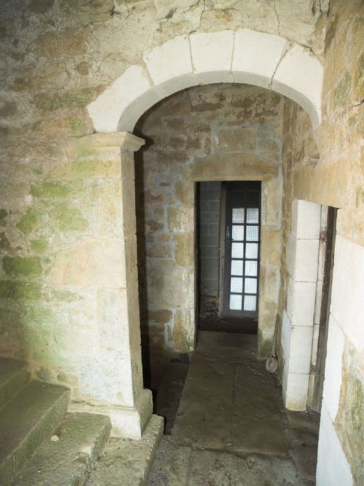 Tour d'escalier. Vue du palier de l'escalier tournant à retours, sur mur noyau.