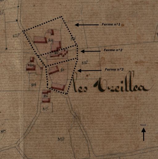 Ferme n°1. Plan masse de situation réalisé à partir du plan cadastral de 1832. ; Ferme n°3. Plan masse de situation réalisé à partir du plan cadastral de 1832. ; Ferme n°2. Plan masse de situation réalisé à partir du plan cadastral de 1832.