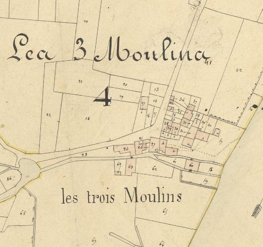 Plan parcellaire cadastral des trois moulins, section B, feuille 1, 1839.