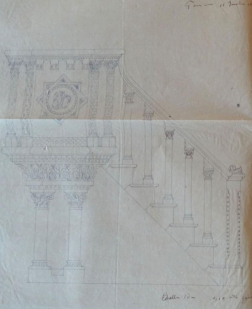 Projet de chaire à prêcher dessiné par Pierre-Paul Brisacier (1869).