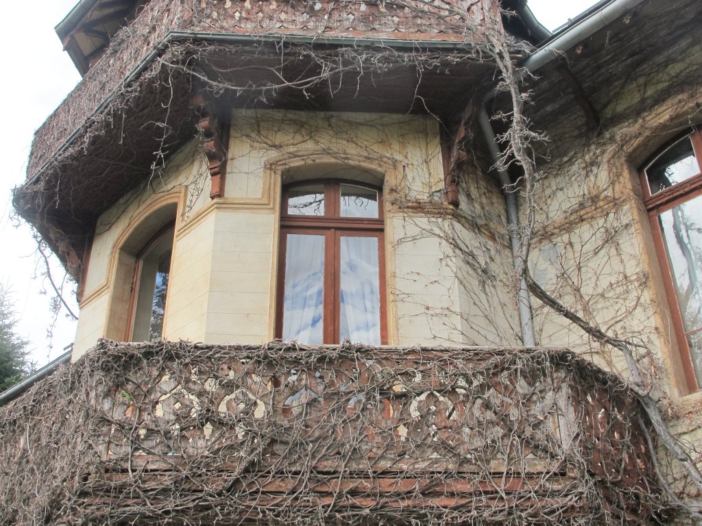 Détail du premier étage de l'avant-corps avec le balcon en bois découpé.