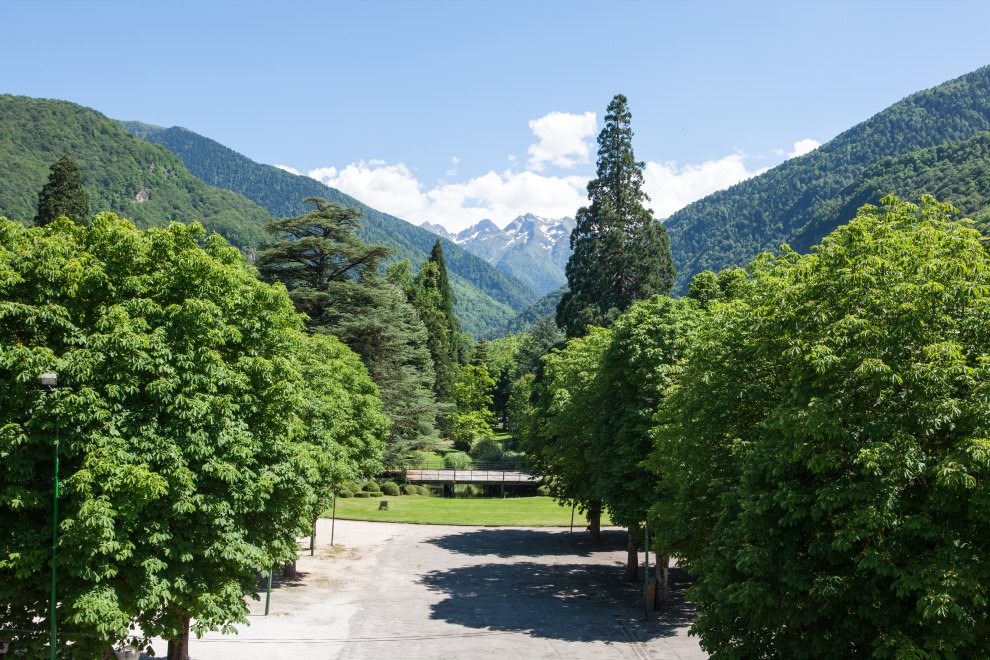 Vue de la perspective sur les quinconces, le parc et la montagne depuis le casino.