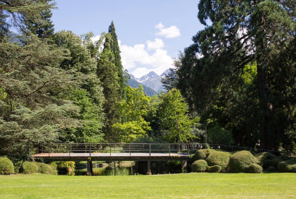 Vue estivale de la pièce d'eau du parc du casino, encadrée par le cèdre de l'Atlas et le sequoia géant, avec la perspective sur la montagne.