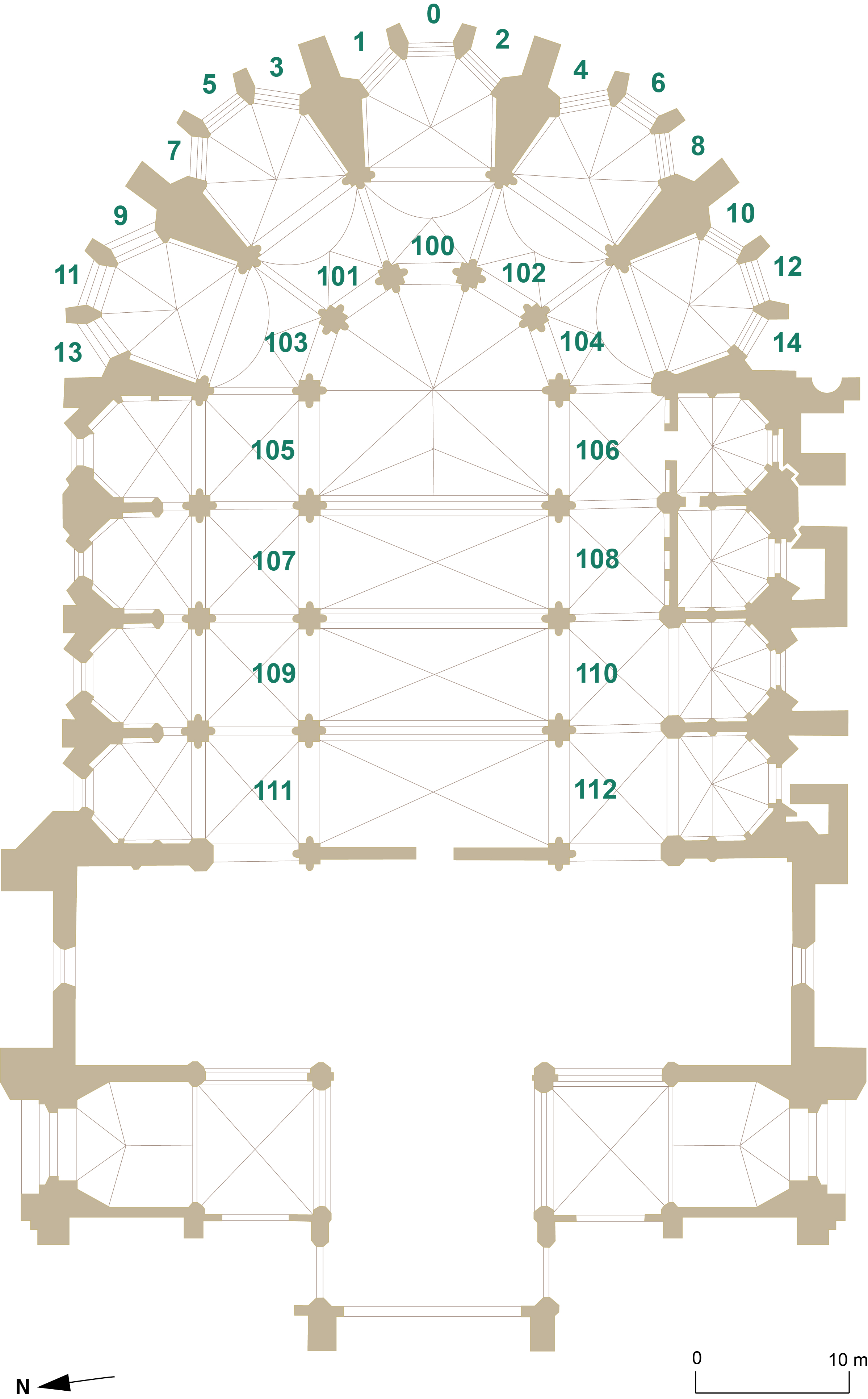 plan de l'ancienne cathédrale, avec localisation des vitraux