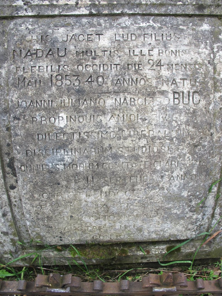 Détail de la plaque commémorant Jean Buc sur le tombeau Nadau.