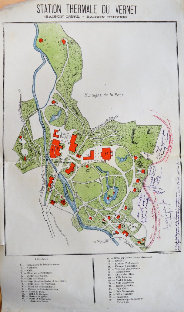 Plan de la station avec implantation du casino (n° 16) (AD PO 98  J 32).  ; Hôtel du parc (n°10) sur le plan de la station en 1904.  ; Plan de la station en 1904. 