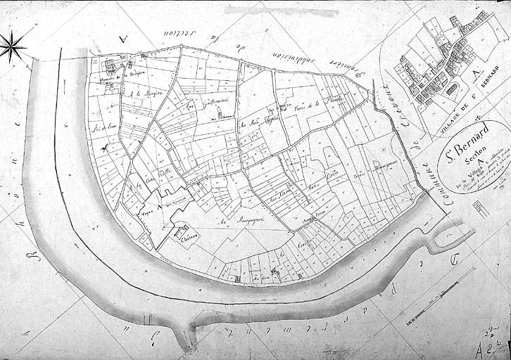 Plan cadastral parcellaire de la commune de Saint-Bernard. Section A dite du village, 2ème subdivision (détail). Plan par Rojat, géomètre, 1823.