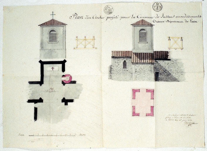 Plan d'un clocher projeté pour la commune de Jassans..., par Boucharlat fils, 16 juin 1822.