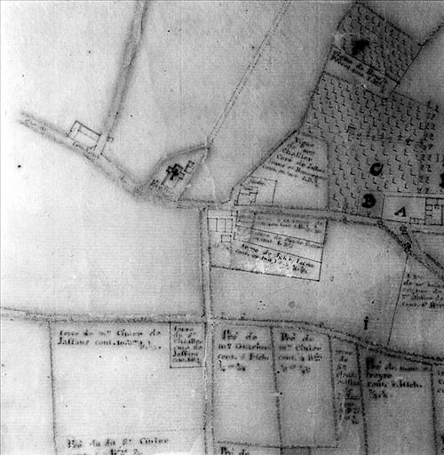 Plan géométral du domaine appellé Mon-plaisir..., par Michallet, 1774, détail emplacement de l'ancienne église.