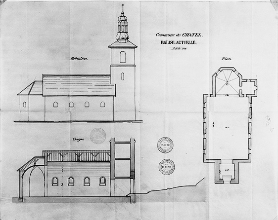 Eglise actuelle, élévation, coupe, plan, 1901.