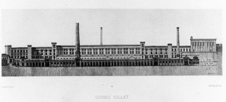 Usines Gillet (élévation). Estampe, mars 1883. Dans l'oeuvre de Gaspard André, Lyon, A. Storck, 1898, pl. 38