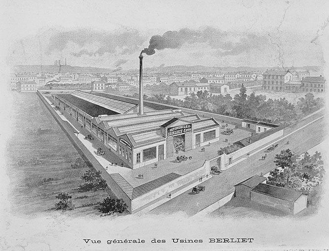 Vue d'ensemble des usines Berliet avenue Berthelot. Dessin.