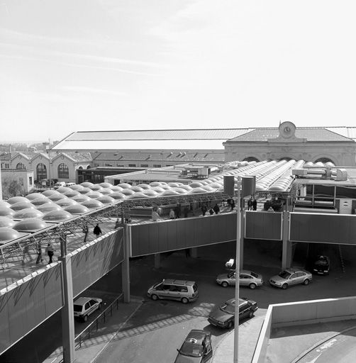 La passerelle reliant le centre d'échanges à la gare : vue depuis les jardins suspendus, côté Saône