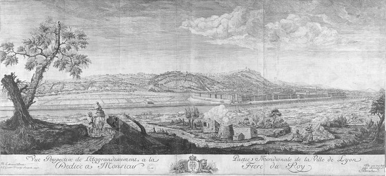 Vue perspective de l'aggrandissement à la partie méridionale de la ville de Lyon... / B. Lallemand, 1776