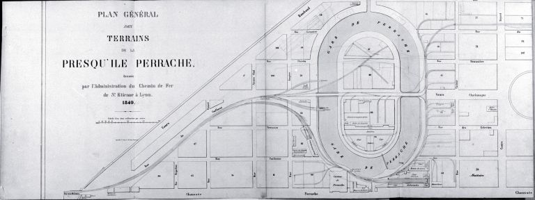 Plan général des terrains de la presqu'île Perrache dressé par l'administration des chemins de fer de St-Etienne à Lyon, [1856]. Détail de la partie sud