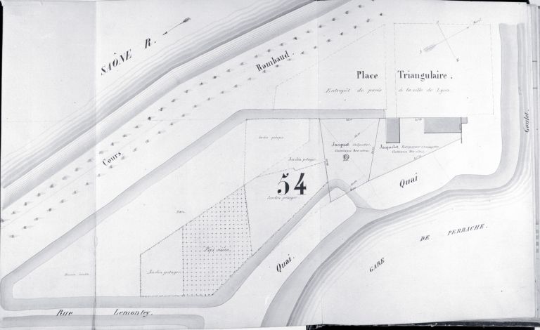 Plan général des terrains de la presqu'île Perrache dressé par l'administration des chemins de fer de St-Etienne à Lyon, [1856]. Masse 54