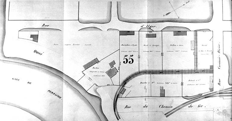 Plan général des terrains de la presqu'île Perrache dressé par l'administration des chemins de fer de St-Etienne à Lyon, [1856]. Masse 55