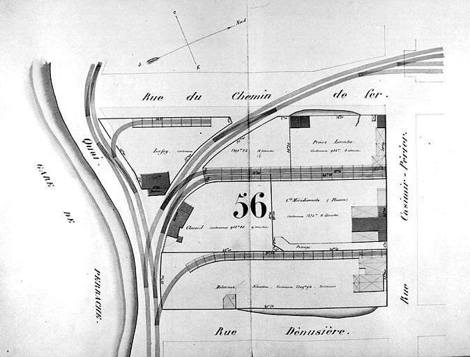 Plan général des terrains de la presqu'île Perrache dressé par l'administration des chemins de fer de St-Etienne à Lyon, [1856]. Masse 56