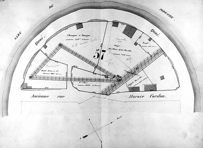 Plan général des terrains de la presqu'île Perrache dressé par l'administration des chemins de fer de St-Etienne à Lyon, [1856]. Masse 57