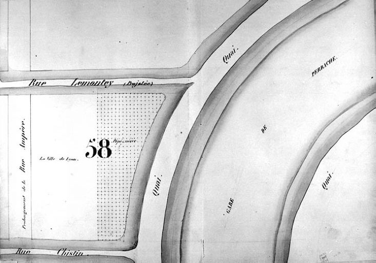 Plan général des terrains de la presqu'île Perrache dressé par l'administration des chemins de fer de St-Etienne à Lyon, [1856]. Masse 58