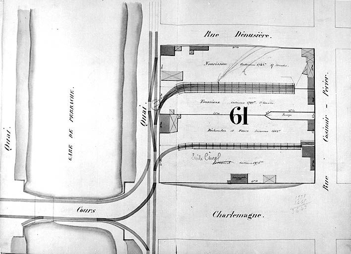 Plan général des terrains de la presqu'île Perrache dressé par l'administration des chemins de fer de St-Etienne à Lyon, [1856]. Masse 61