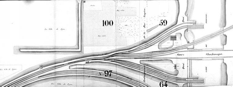 Plan général des terrains de la presqu'île Perrache dressé par l'administration des chemins de fer de St-Etienne à Lyon, [1856]. Masses 64, 59, 97 et 100