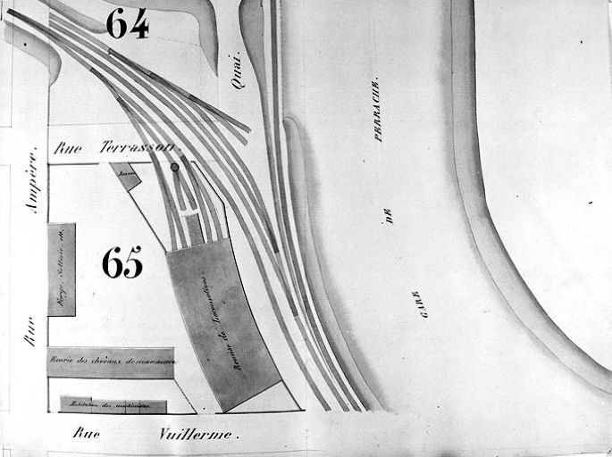 Plan général des terrains de la presqu'île Perrache dressé par l'administration des chemins de fer de St-Etienne à Lyon, [1856]. Masses 64 et 65