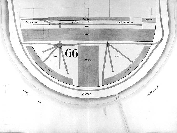 Plan général des terrains de la presqu'île Perrache dressé par l'administration des chemins de fer de St-Etienne à Lyon, [1856]. Masse 66