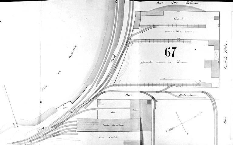 Plan général des terrains de la presqu'île Perrache dressé par l'administration des chemins de fer de St-Etienne à Lyon, [1856]. Masse 67