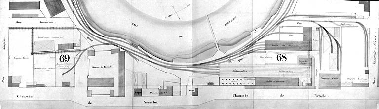 Plan général des terrains de la presqu'île Perrache dressé par l'administration des chemins de fer de St-Etienne à Lyon, [1856]. Masses 68 et 69