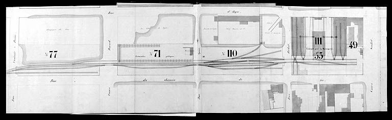 Plan général des terrains de la presqu'île Perrache dressé par l'administration des chemins de fer de St-Etienne à Lyon, [1856]. Masses 77, 71 et 110