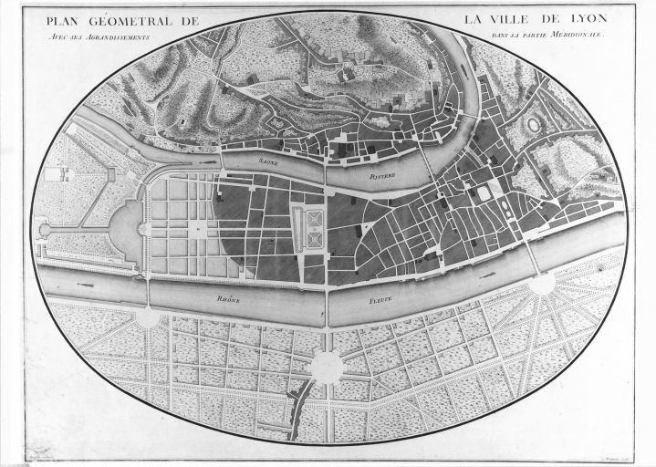 Plan géométral de la ville de Lyon, avec ses agrandissements dans sa partie méridionale / Perrache, Beauvais sculpsit, [176.]