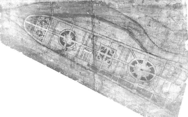 Plan géométral des isles et broteaux Mogniat..., 1753. Avec rabattant [projet d'aménagement de la presqu'île en jardin]