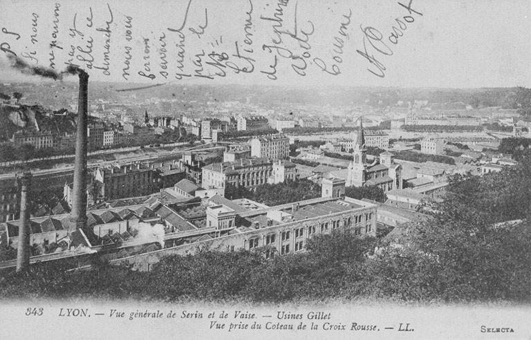 Carte postale de 1925 : Lyon, vue générale de Serin et de Vaise - Usines Gillet, vue prise du Citeau de la Croix-Rousse