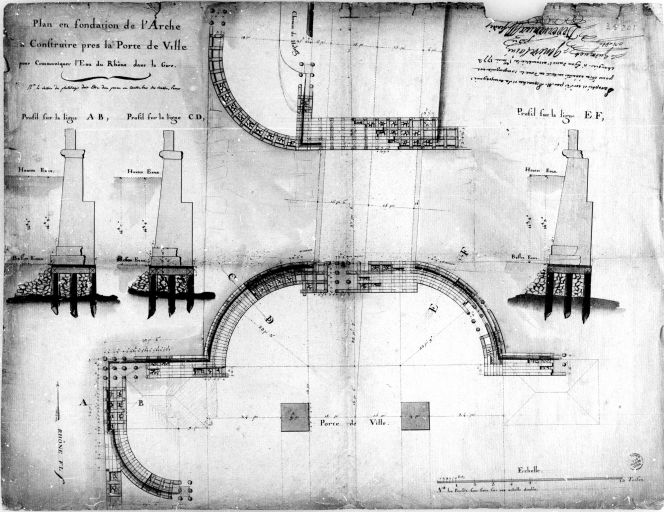 Plan en fondation de l'arche à construire... pour communiquer l'eau du Rhône dans la gare / A.-M. Perrache et sa Compagnie, 1er may 1772