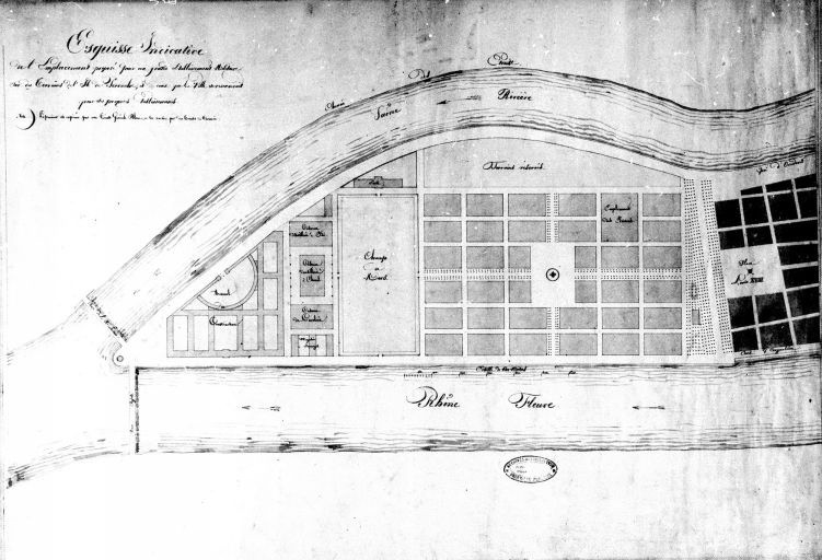 Esquisse indicative de l'emplacement proposé pour un grand établissement militaire..., [vers 1823]