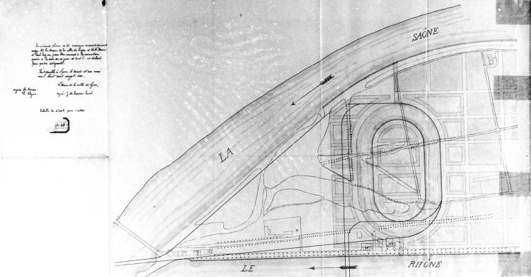 Plan de la presqu´île Perrache avec le projet d´une gare d´eau, 31 mai 1826