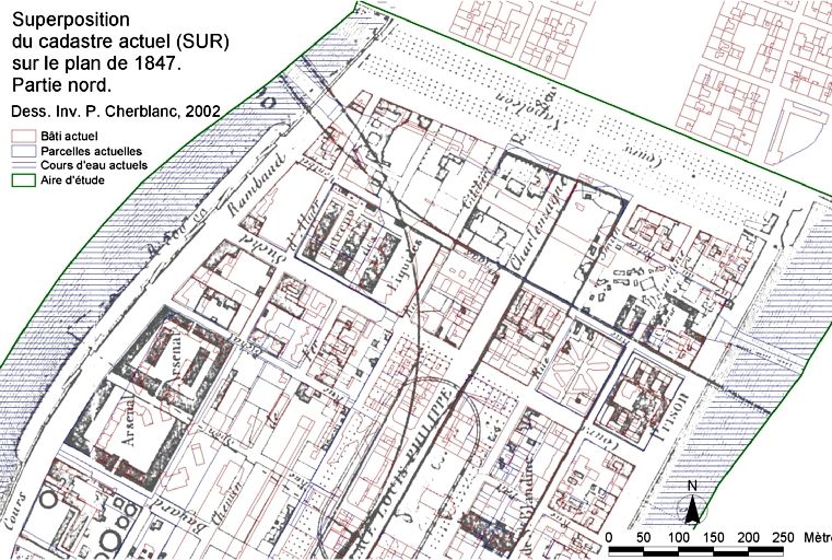 Superposition du cadastre actuel (SUR) sur le plan de 1847. Partie nord